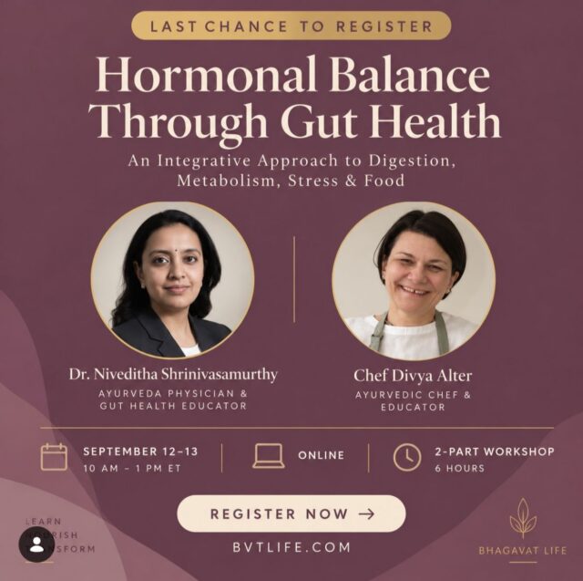 Looking forward to presenting on “Hormonal Balance Through Gut Health” for an international audience at this online workshop.
As an Ayurveda practitioner with a special focus on gut health and holistic wellness, I am passionate about helping people understand the powerful connection between the gut, hormones, digestion and overall wellbeing.
I look forward to sharing Ayurvedic wisdom and practical insights with a global audience and contributing to this meaningful conversation on health and wellness.
A heartfelt thank you to Chef Divya Alter for this wonderful opportunity and for bringing together this inspiring platform.
Dr Niveditha Srinivasamurthy
Gut Health Expert | Ayurveda Practitioner | International Wellness Speaker
Empowering you through Ayurveda